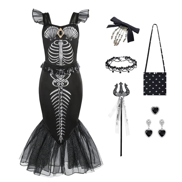 Little Girls Mermaid Princess Costume Skull Party Dress for Toddler Kids Baby Halloween Dress Up with Accessories