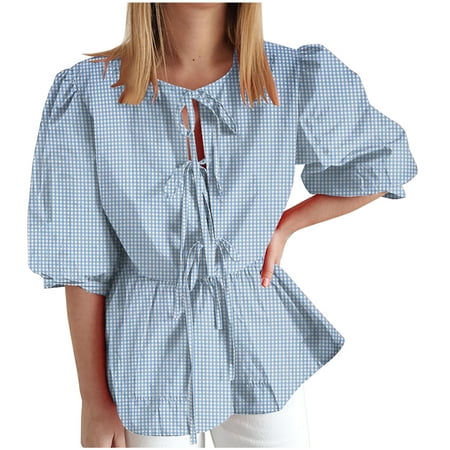JGGSPWM Women s Summer Tie Front Puff Short Sleeve Babydoll Peplum Tunic Aesthetic Vintage Lace Up Blouses Trendy Tops Blue M