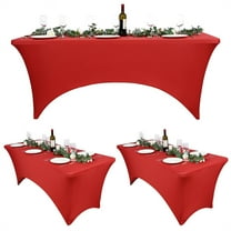 3 Pcs 6 Ft Red Stretch Spandex Tablecloth, Stretchable Elastic Table Cover, Rectangular Anti-Wrinkle Tight Fit Washable Tablecloth, Cocktail Table Cover for Wedding, Banquet, Exhibitions, Party