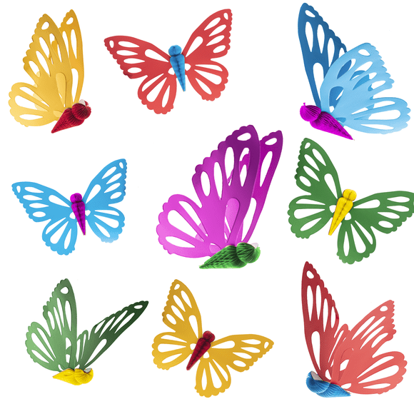 ADORNO DE PAPEL, MARIPOSA MULTICOLOR PARA FIESTA. 10 PZAS