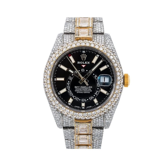 Pre-Owned Rolex Sky-Dweller 42MM 326933 Black Dial Diamond Bezel Two Tone Yellow Gold Full Diamond Oyster Bracelet 31.5ct