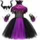 thumbnail image 3 of Disfraz de bruja de Halloween, Malefice, para niñas, color morado y negro, con tutú elegante, capa de plumas, disfraz de reina malvada, ropa para niños, 3 of 5