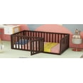 thumbnail image 3 of Twin Size Floor Bed with Fence and Door for Kids Teens Adults, Solid Wood Floor Bed Frame for Bedrooms, Walnut, 3 of 9