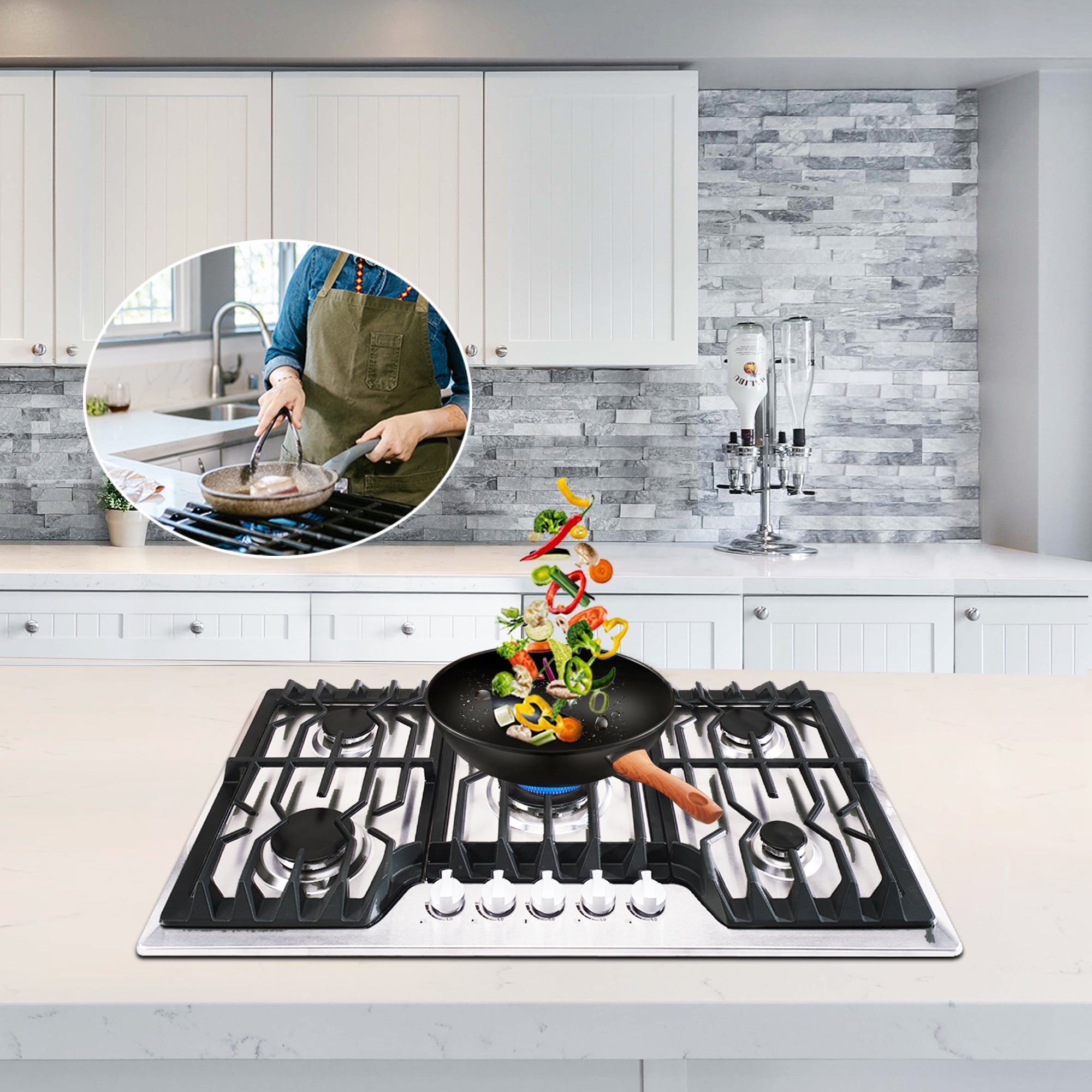 TOPWISH 36" Built-in Gas Cooktop, 5 ITALY SABAF Sealed Burners Gas Rangetop 37,600BTU, NG/LPG Convertible, Stainless Steel Burner Gas Stovetop with Thermocouple Protection,120V AC