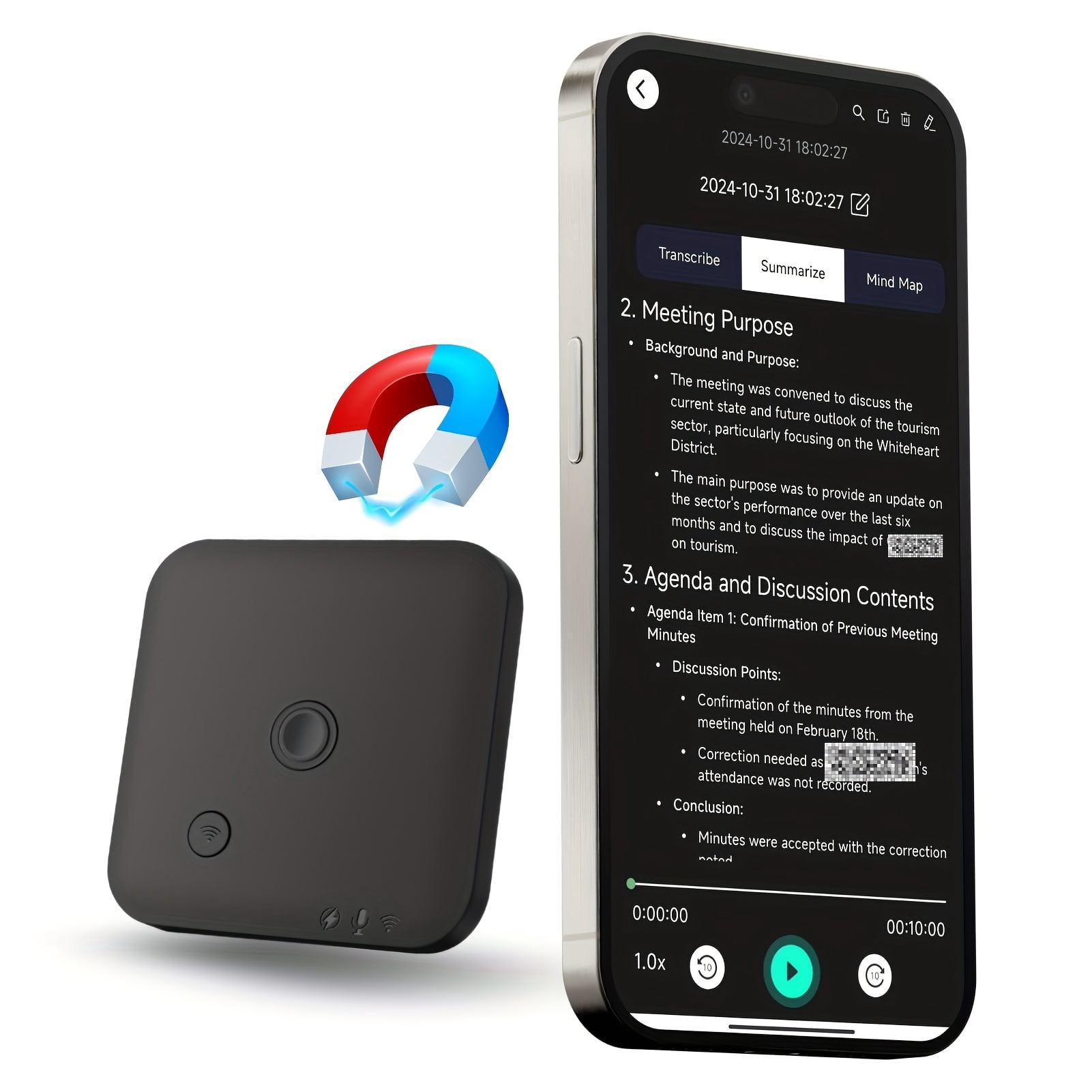 AI Voice Recorder with APP for Voice-to-Text Transcription, Translation, GPT-4o Summary, Mind Mapping, 64GB Storage, And A Magnetic Design, for Calls, Lectures, And Meetings, By FoCase Rec