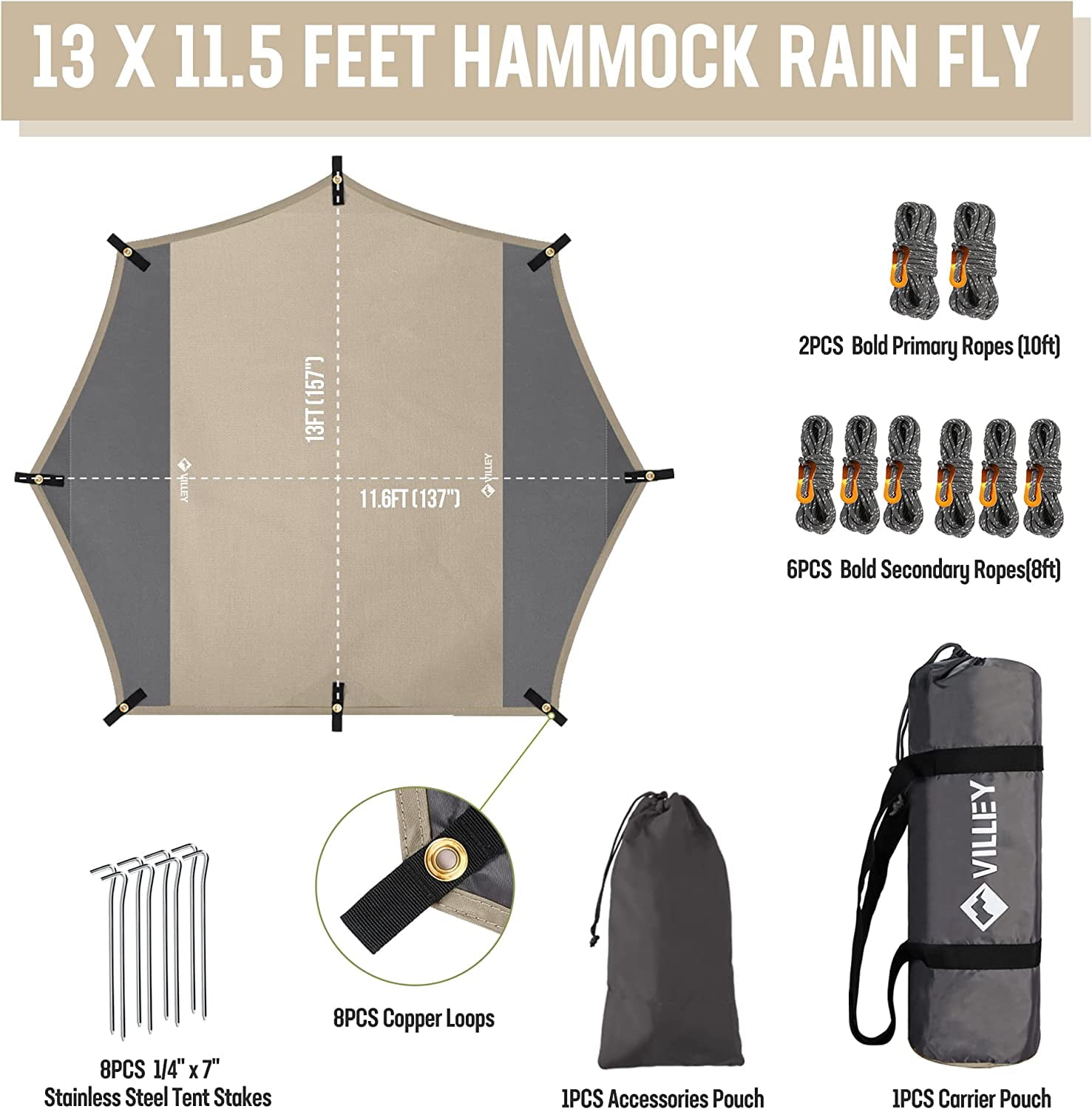 VILLEY Waterproof Portable Tarp, 13x11.5ft Multifunctional Heptagonal Outdoor Camping Traveling Awning Backpacking Tent Tarp Shelter Rain Tarp