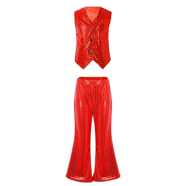 Alvivi Gilet à Paillettes et Pantalon Évasé de Performance de Danse de Rue Jazz Latine pour Filles Garçons Rouge 5-6