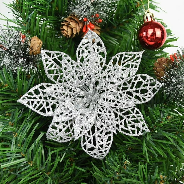 Flores artificiales de 5 piezas con purpurina, adornos de árbol de Navidad para el hogar, boda, Día de San Valentín