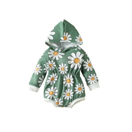 

Thaisu Newborn Fall Winter Hooded Romper Long Sleeve Elastic Waist Daisy Print One-Piece Bodysuit
