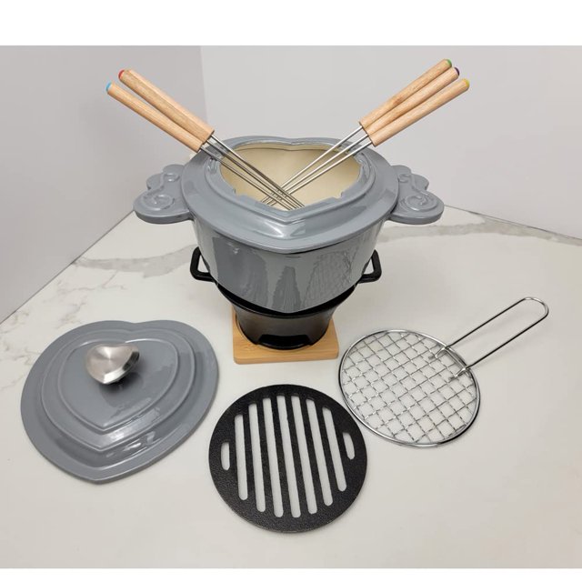 Juego de fondue de queso en forma de corazón de hierro fundido esmaltado HAWOK gris