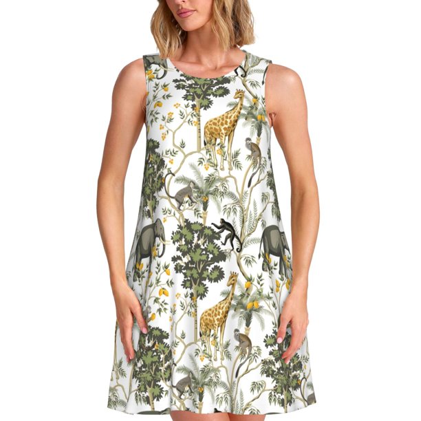 Fotbe Vintage Animals Palm Tree Vestido de Verano sin Mangas para Mujer – Vestido Midi Línea A, Estilo Camiseta Floral, Vestido Playero Casual y Fluido
