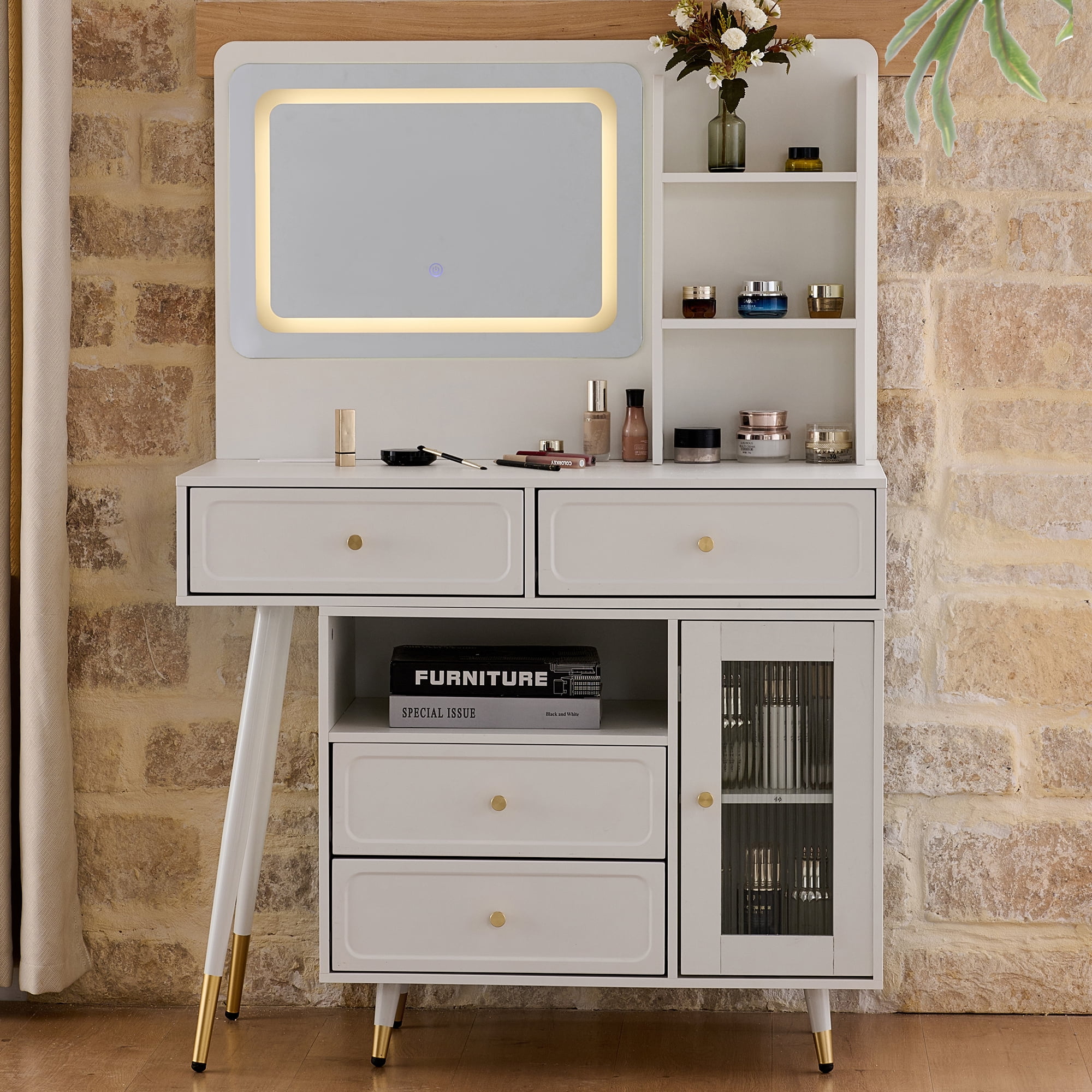 Jopath Makeup Vanity Desk with Mirror and Lights,Dressing Table with Drawers and Cabinet,Retractable Makeup Table Set for Bedroom,White