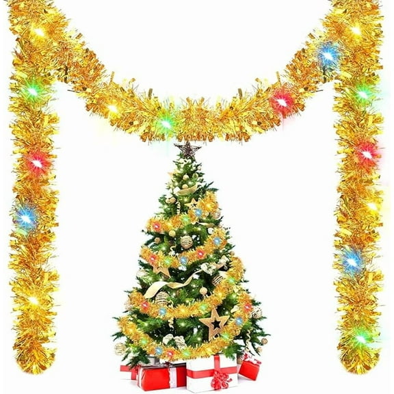 Jinswick 16.4 Ft Christmas Tinsel Metallic Twist Lighted Garland with 50 LED Lights Hanging for Christmas Tree New Year Home Outdoor Party Decor(Red Gold Colorful Light)