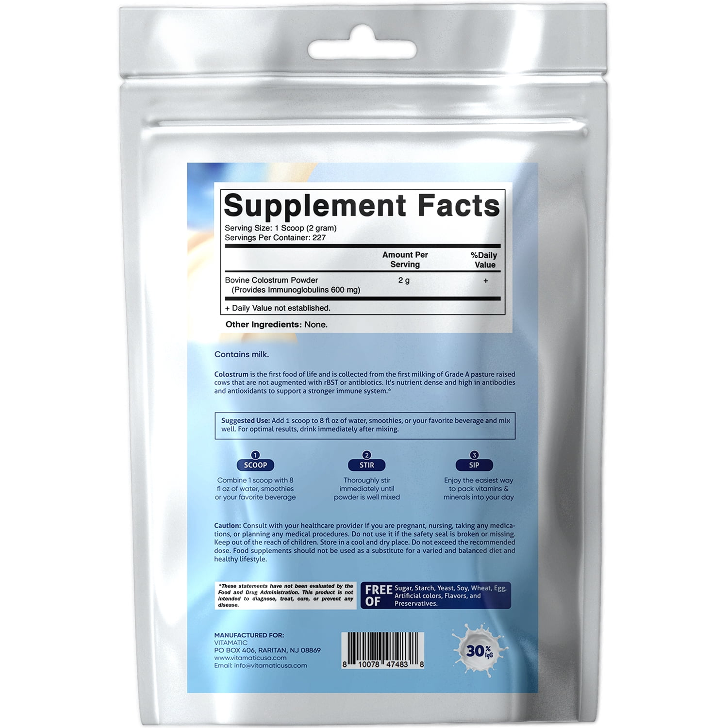 Vitamatic Bovine Colostrum 30% IgG Powder 16 OZ- Supplement for Gut Health, Hair Growth, Beauty, Muscle Recovery, & Immune Support - Easy to Mix - 227 Servings (Unflavored)