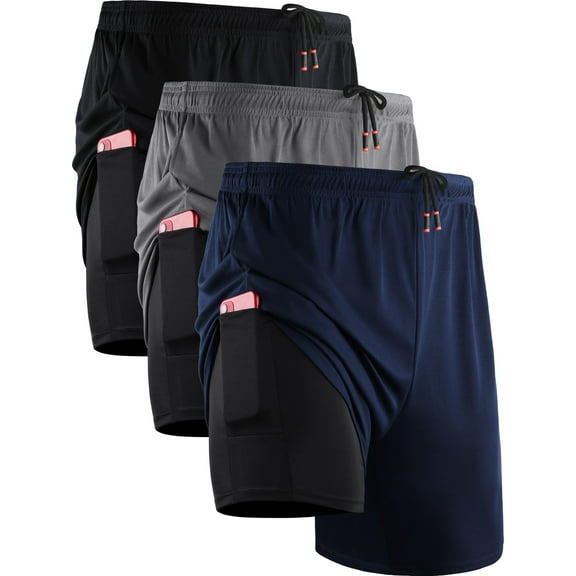 NELEUS Mens 2 in 1 Dry Fit Workout Shorts with Liner and Pockets,Black+Gray+Navy Blue,US Size L
