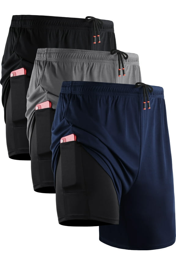 Mens 2 in 1 Dry Fit Workout Shorts with Liner and Pockets,Black+Gray+Navy Blue,US Size L