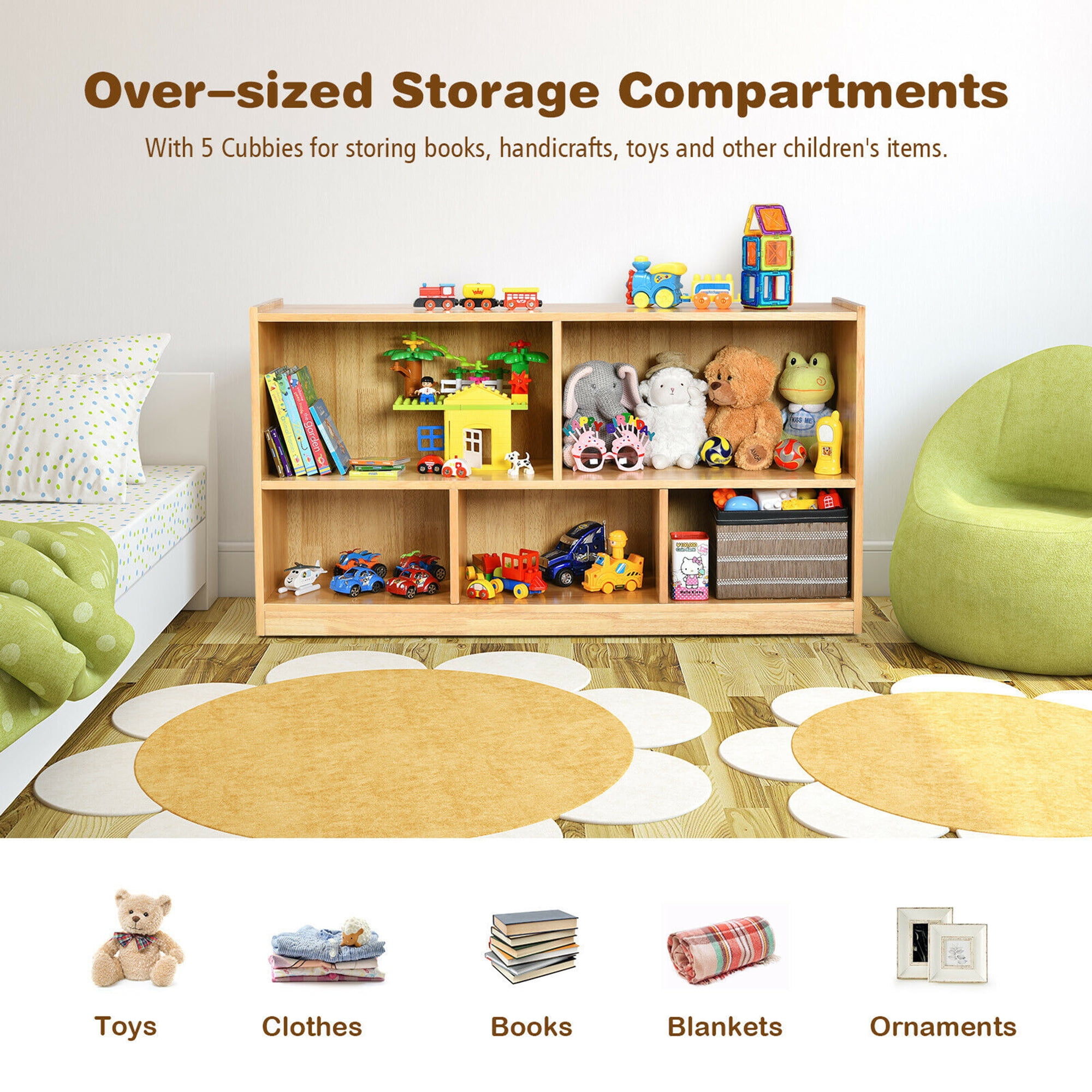 Gymax Kids 2-Shelf Wood Bookcase Organizer 5-Cube Storage Cabinet Natural
