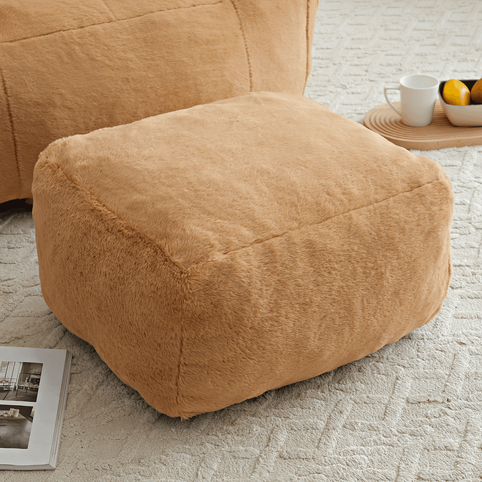Lovableguy Oversized Bean Bag Chair for Adults and Kids,Shell-Shaped Fluffy Faux Fur Lazy Floor Sofa with Foot Stool for Living Room,Dorm,Khaki
