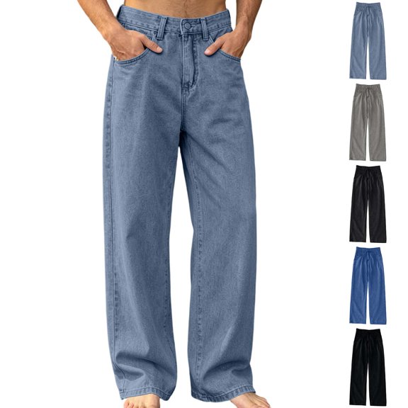 Fanshiluo Men's Solid Color Wide Leg Jeans, Mid Rise Loose Fit Casual Denim Pants,L,Big and Tall Men