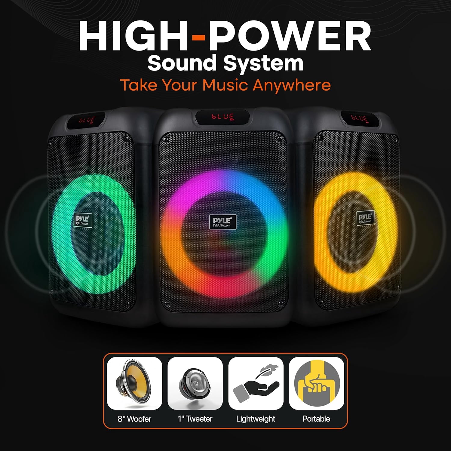 Pyle Portable Bluetooth Party Speaker, 8" Woofer, TWS, 100W, Rechargeable, Mic Input, Echo, Bass/Treble Control, USB/SD/BT/FM, LED Lights, Indoor/Outdoor