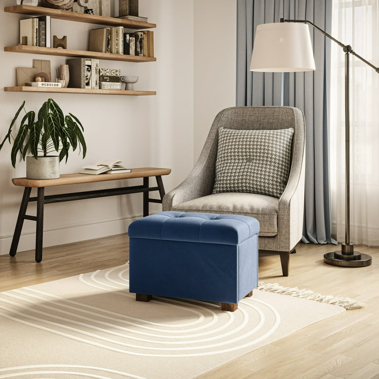 CorLiving Asha Small Blue Velvet Tufted Ottoman with Storage