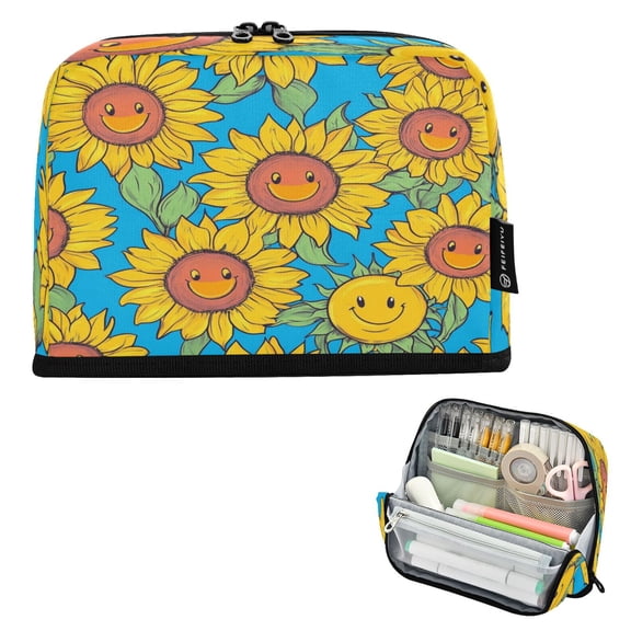 Standing Pencil Case with Base Large Capacity Stationery Pouch Pen Bag with Zipper for Women Men Yellow Sunflowers with Smiley Faces