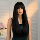 thumbnail image 2 of Peluca de mujer de pelo largo, liso y negro, con flequillo ordenado, fibra química natural para uso diario, estilo europeo y americano, 2 of 4