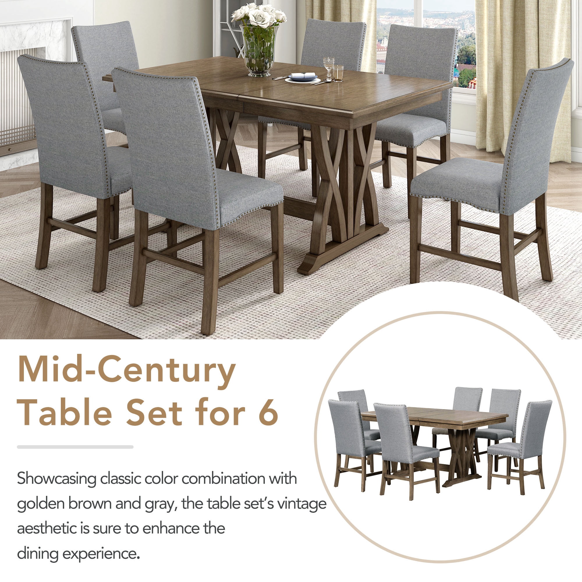 Euroco 7-Piece Extendable Dining Table Set for 6, Mid-Century 60" Rectangular Wooden Kitchen Table Set with 6 Upholstered Chairs for Kitchen or Home,Space-Saving Dining Room Furniture