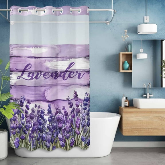 No Hook Shower Curtain with Snap in Liner, Retro Lavender on Farm Wood Grain Waterproof Bath Curtain Double Layers with See Through Top Window, Watercolor Purple Flowers Hotel Shower Curtains 36x72in