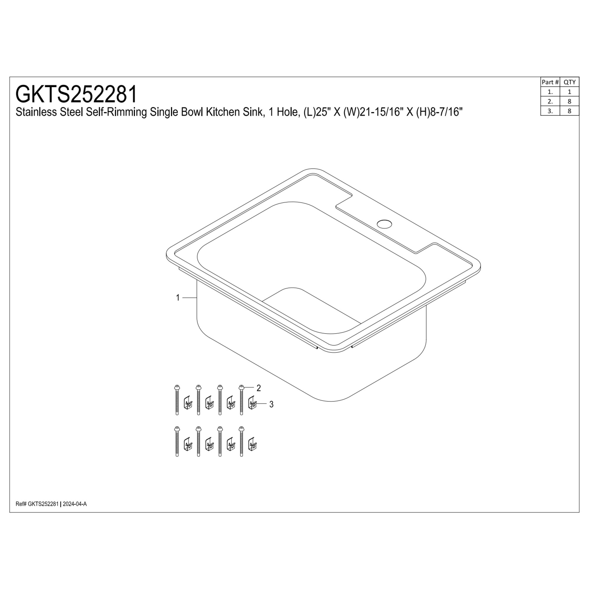 Gourmetier GKTS252281 Studio 25" Stainless Steel Self-Rimming Single Bowl Drop-In Kitchen Sink, Brushed