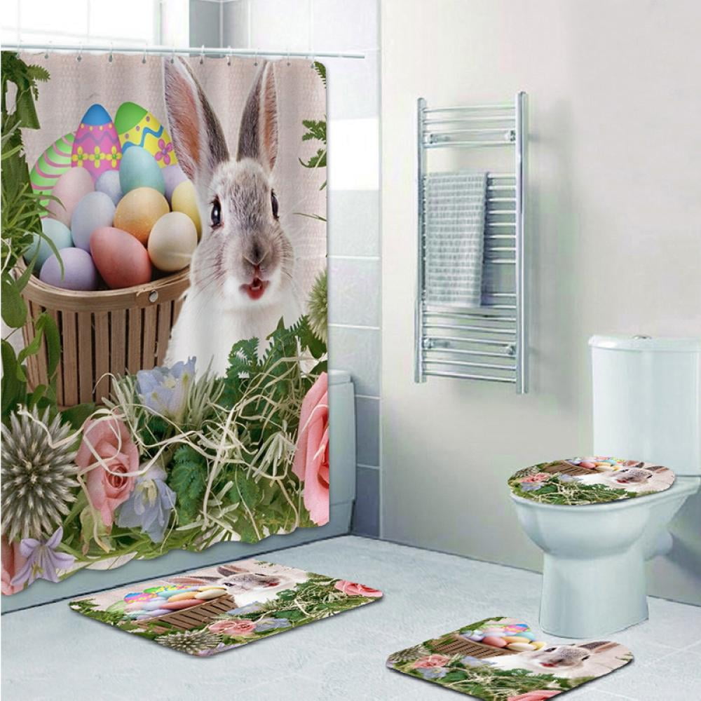 Easter Bunny and Eggs Shower Curtain Toilet Cover Rug Bath Mat Contour Rug Set 