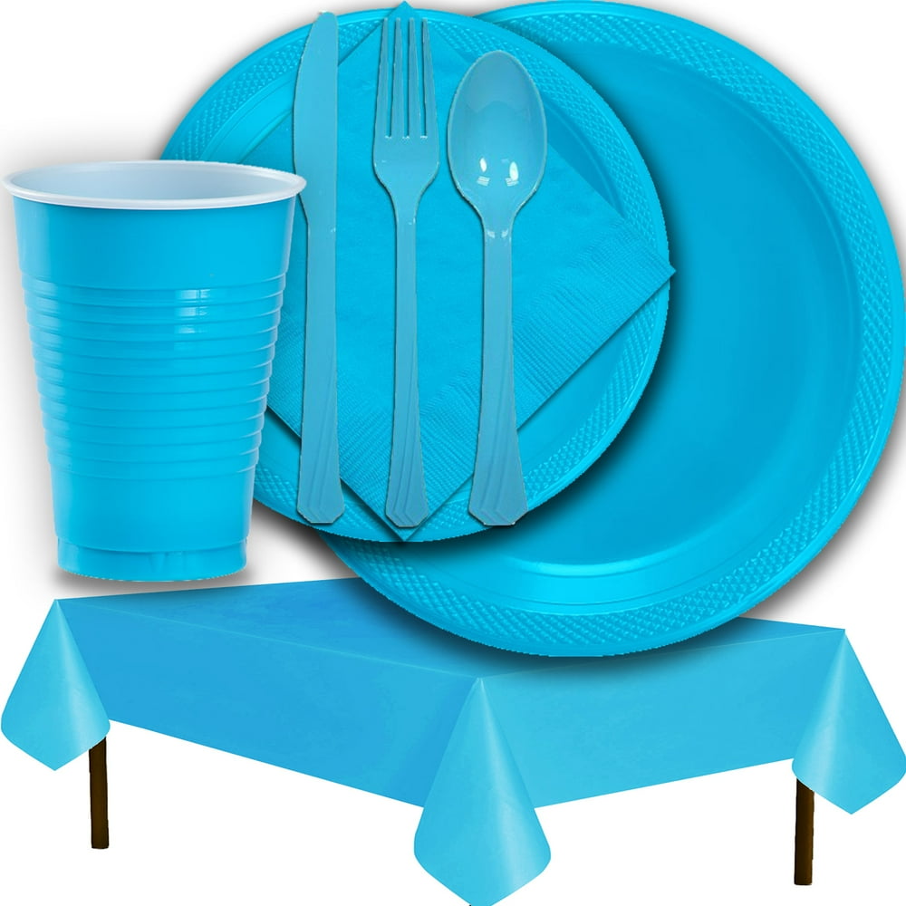 Plastic Party Supplies for 50 Guests Aqua Dinner Plates, Dessert