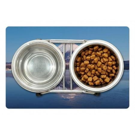 Mountain Pet Mat for Food and Water, Snowy Mountain Reflection on Lake Afternoon Photo Peaceful Scenery Wild Nature, Non-Slip Rubber Mat for Dogs and Cats, 18" X 12", by Ambesonne