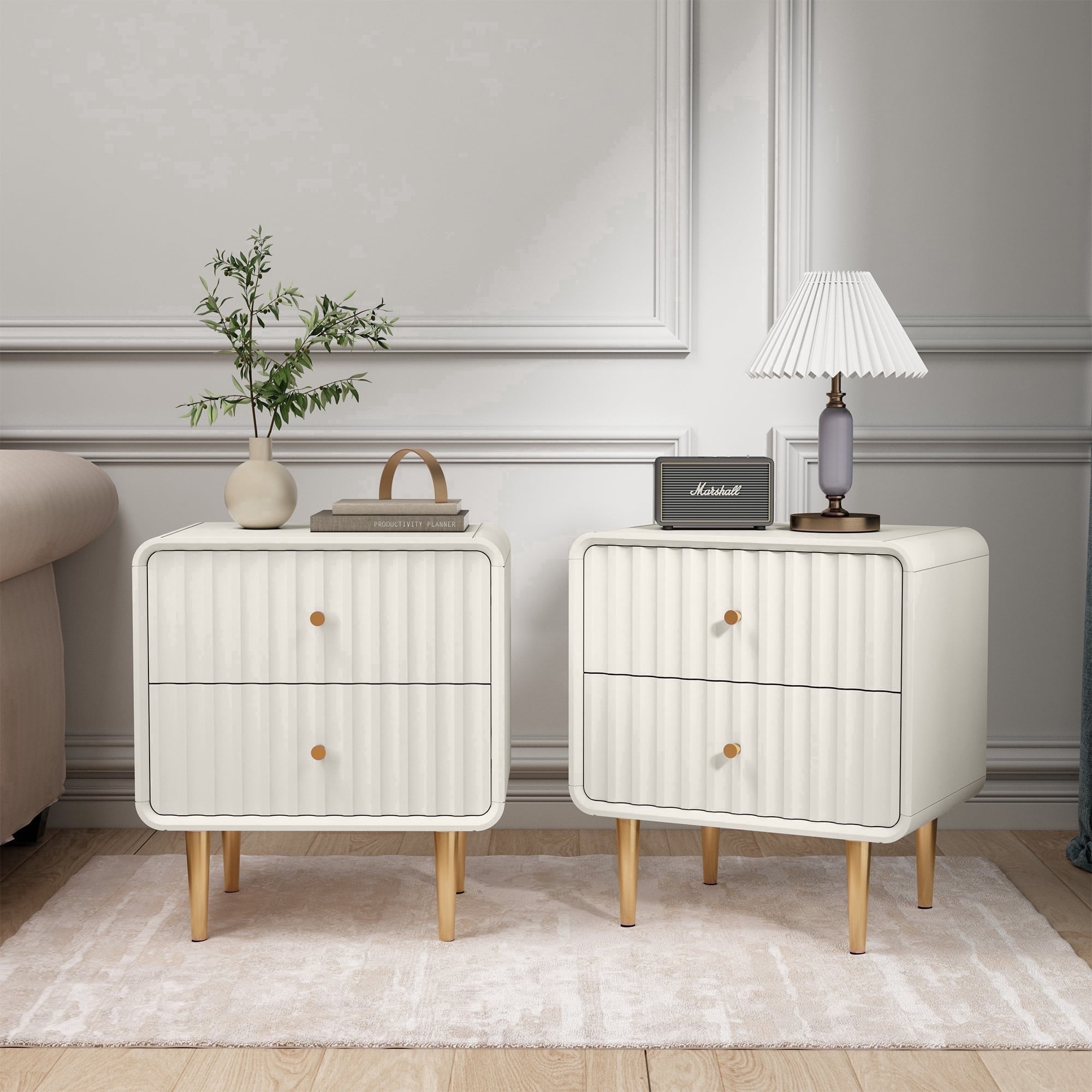 HLR Modern Fluted Wood Nightstand Set of 2 with 2 Drawers, Bedroom 20" Bed SideTable with Storage, White