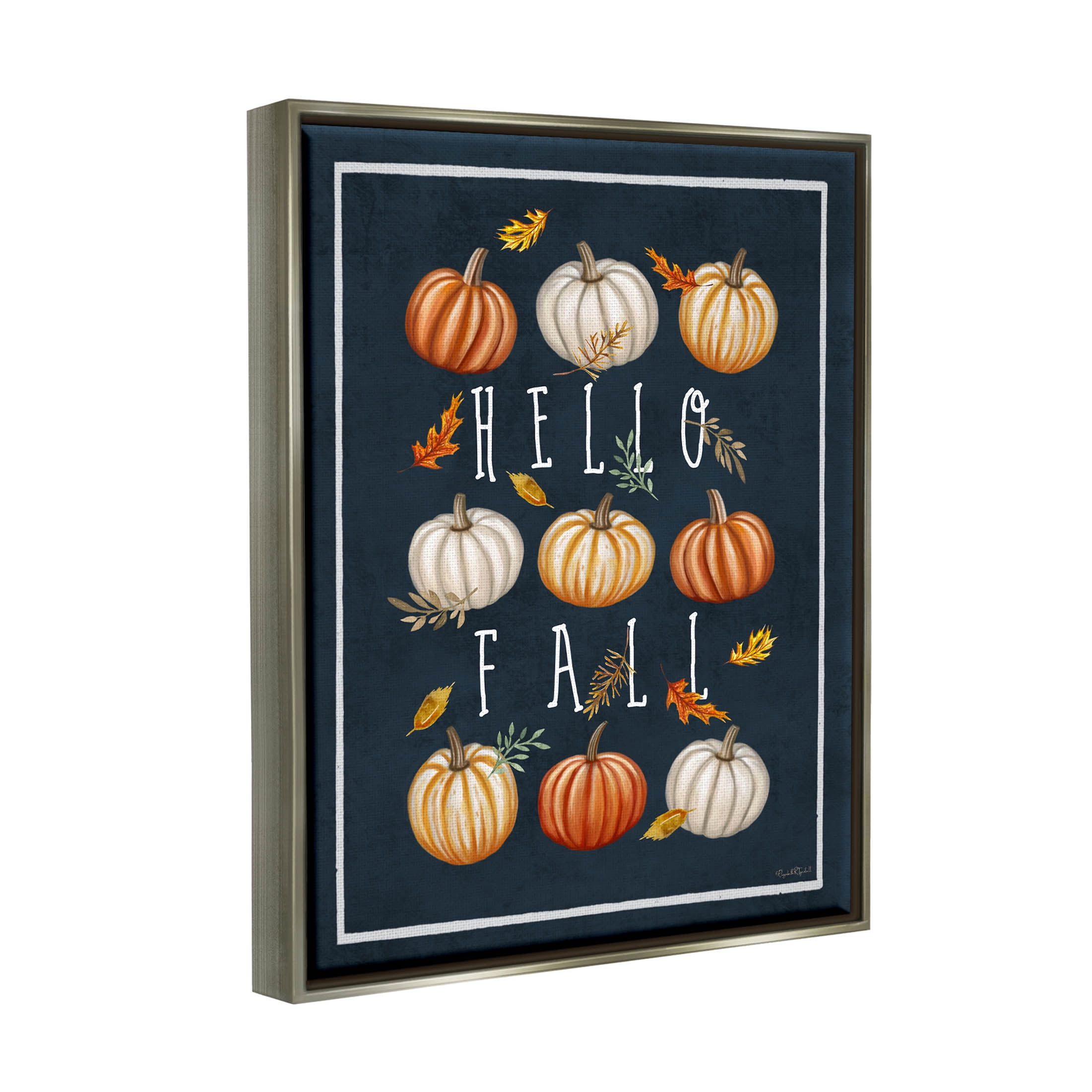 Stupell Industries Hello Fall Mixed Pumpkins Graphic Art Luster Gray Floating Framed Canvas Print Wall Art, Design by Elizabeth Tyndall
