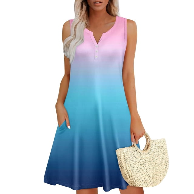 Vestido Corto para las Mujeres de Verano, la Impresión de la Moda de Bolsillo Botón sin Mangas Cuello en V para Casual Y Diario
