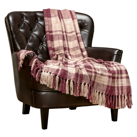 Chanasya Farmhouse Pattern Plaid Throw Blanket Lightweight Knit Textured Woven Decorative Blanket for Couch Bed Living Room Blanket with Tassels Fringed Throw Blanket (50x65 Inches) Maroon Purple