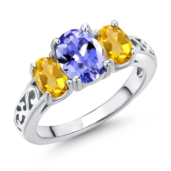 Gem Stone King 925 Sterling Silver Blue Tanzanite and Yellow Citrine Filigree Style 3 Stone Ring for Women (2.06 Cttw, Oval 8X6MM and 6X4MM) (Size 9)
