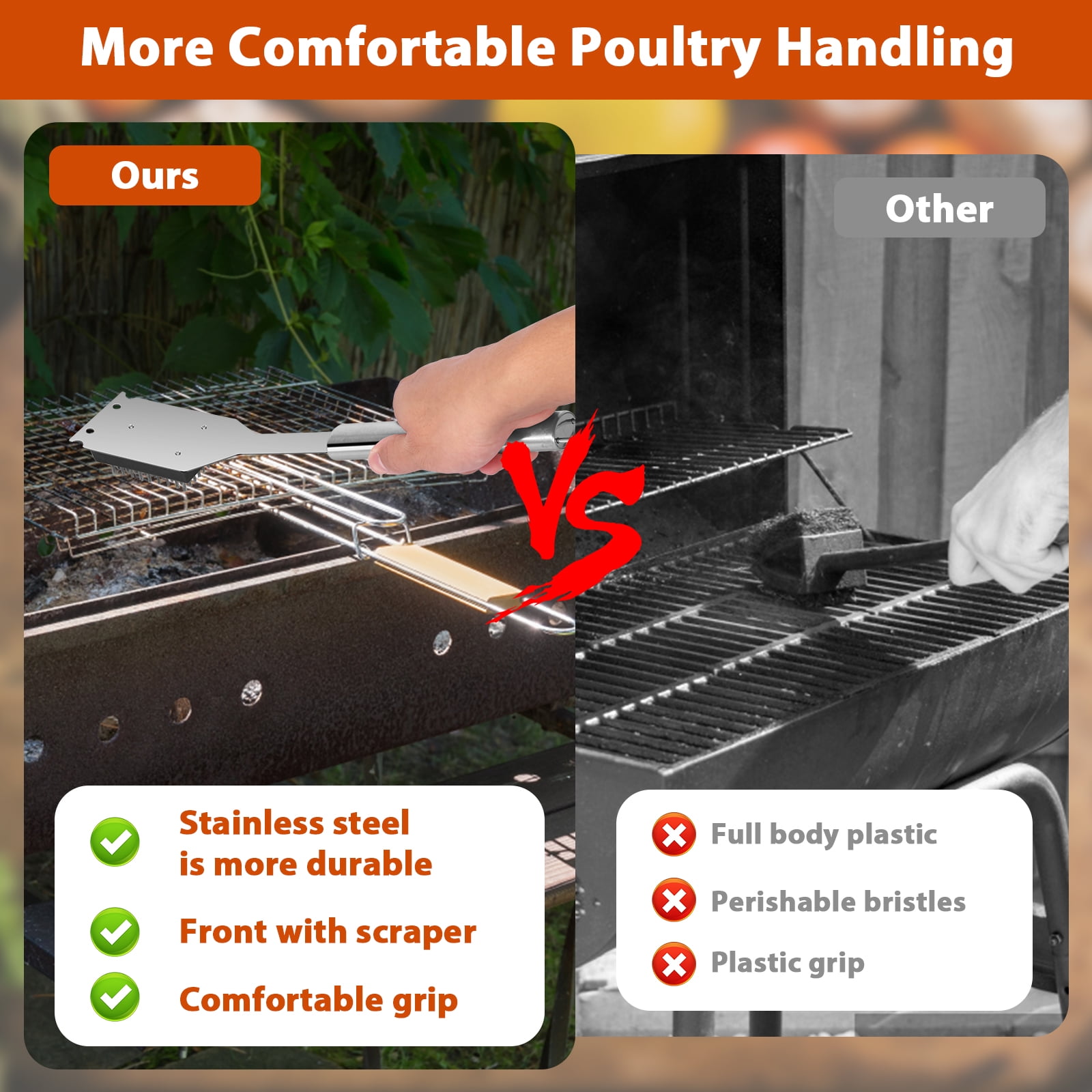Vensio -2 Pack Heavy Duty Stainless Steel BBQ Grill Brush and Scraper Set, Professional Grill Cleaner with Ergonomic Long Handle for Gas Charcoal and Pellet Grills, BBQ Tools