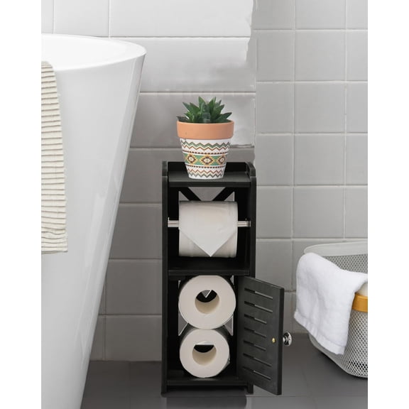 ZJQYDS Toilet Paper Holder Stand: PVC Freestanding Bathroom Cabinet Storage for Apartment Dwellers - Slim Bathroom Storage - Black