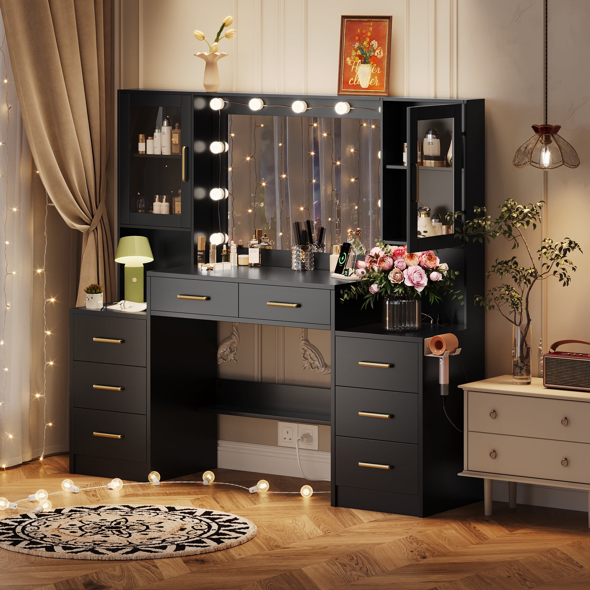 UGTOO 58" Black Vanity Desk with 8 Drawers & 2 Cabinets, Large Bedroom Dressing Table with LED Lighted Mirror & Power Strip, Modern Home Office Makeup Station, High-Capacity Storage Furniture