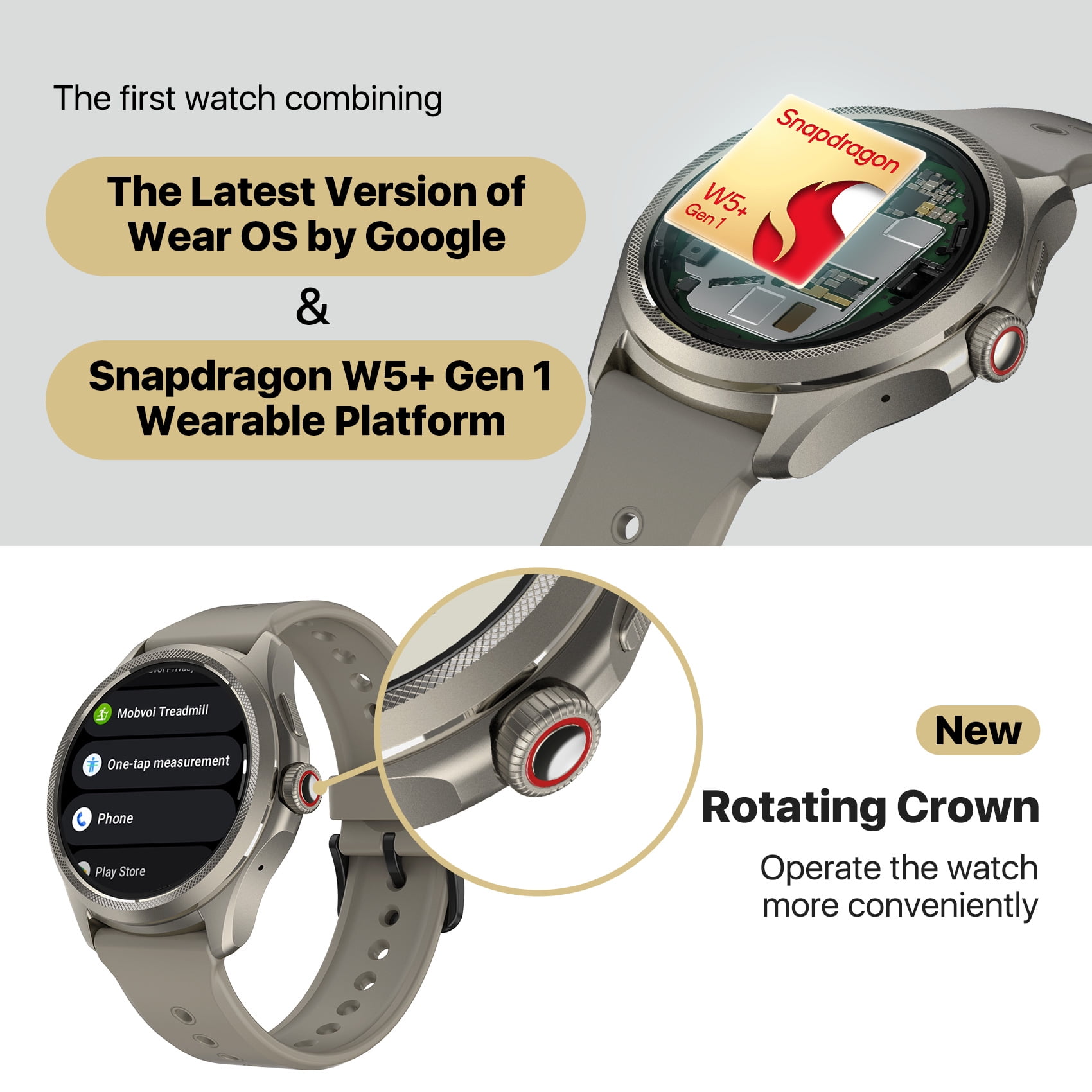 NEW Mobvoi Ticwatch Pro 5 Wear OS Long Lasting Battery GPS - Sandstone