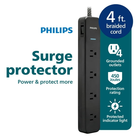 Philips Surge Protector, 4 Outlet, Adapter-Spaced, 450J, Braided Cord, 4ft, Black