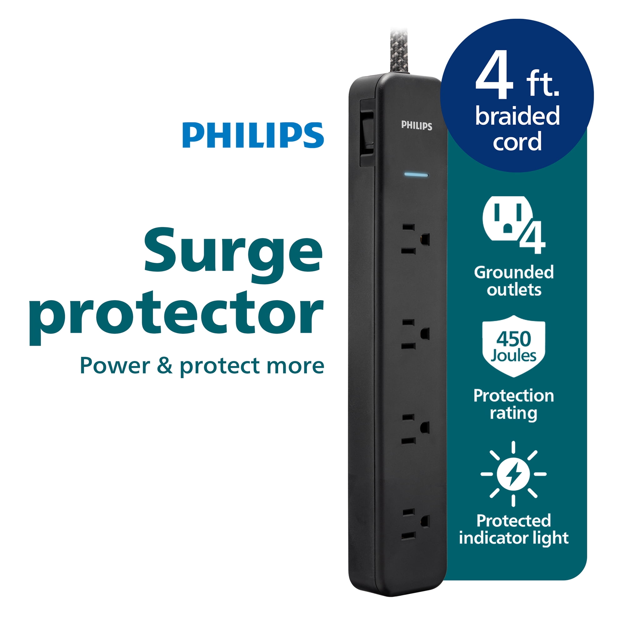 Philips Surge Protector Power Strip, 4 Ft Braided Extension Cord, 4 Outlet Extender (Wide Spaced), 450 Joules, On Off Switch, ETL Safety Listed, Black