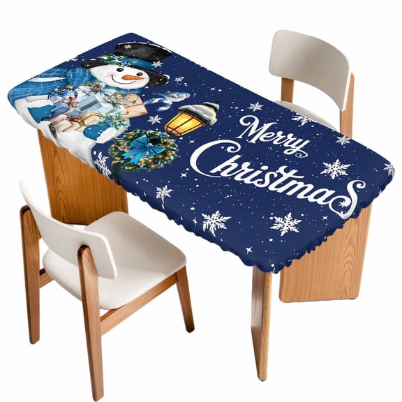 Navy Blue Snowman Christmas Table Cloths for 5 Foot Rectangle Tables, Xmas Gifts Wreath Snowflake Patio Waterproof Elastic Fitted Tablecloths, Washable Rectangular Table Cover for Camping