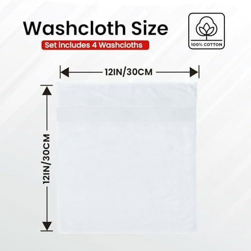 Tekola Luxury Wash Cloths for Showering [13x13] – 100% Cotton Washcloths [Pack of 4], Soft and Absorbent Face Towels for Bathroom Wash Clothes, Gym, and Spa (Brilliant White)