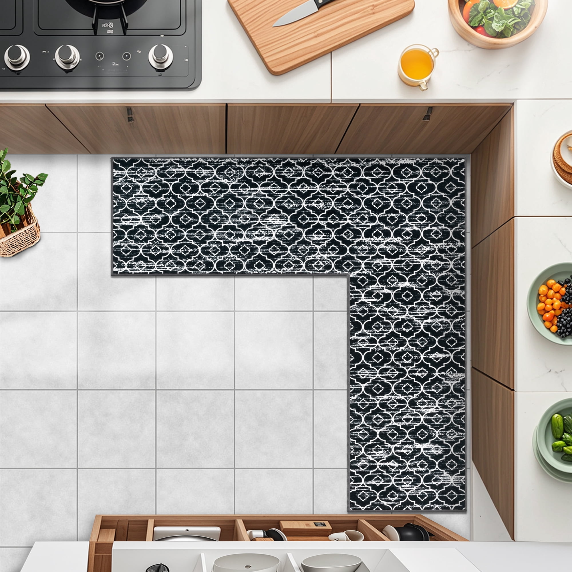 MeyJey Corner Kitchen Rug, 1 Piece Anti-Slip L Shape Kitchen Mat for Floor, Absorbent Runner in Front of Sink, Washable Floor Rugs for Home,Kitchen(Black-L,24”x 71”x 71”)