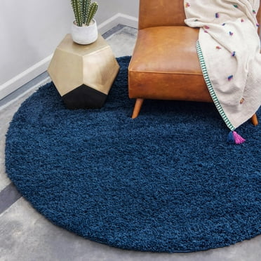 Rugs.com Solid Shag Collection Rug – 5 Ft Round Sapphire Blue Shag Rug Perfect For Kitchens, Dining Rooms