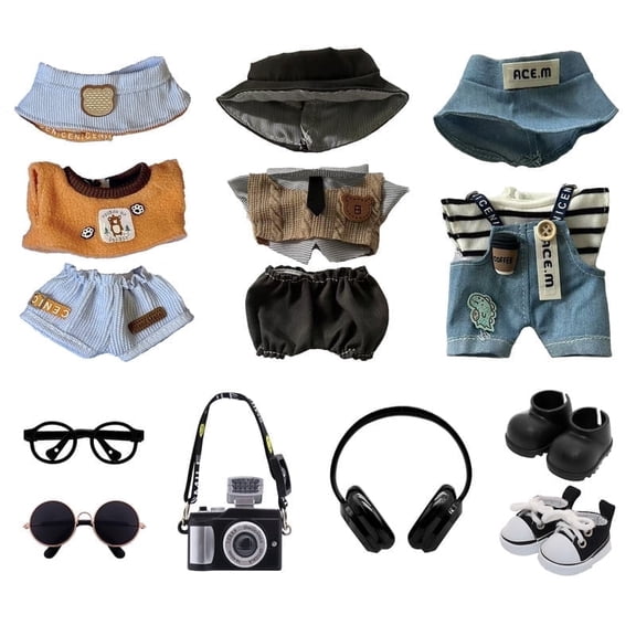 3-Pack Clothes Set Designed for Labubu Clothes with Accessories Set, Doll Clothes Set with Glasses, Sunglasses, Black Leather Shoes, Headphones, Camera Accessories for Labubu - Style I