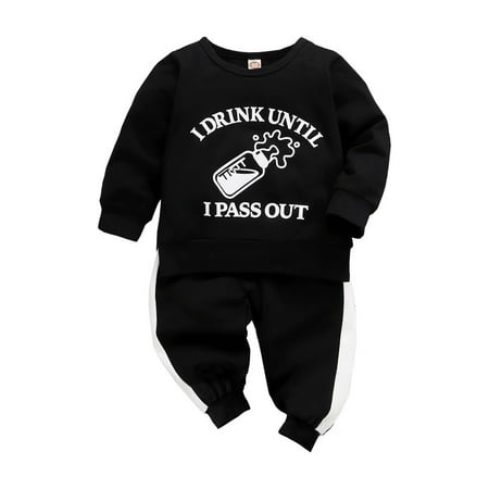 

18 Months Baby Boys Clothes 24 Months Boys 2PCS Fall Winter Outfits Letter Milk Bottle Print Toddler Boys Long Sleeve Top Pants Set Black